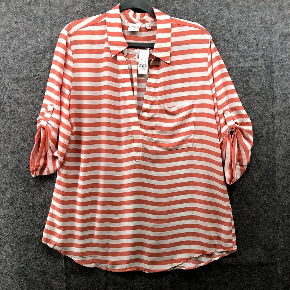 NWT Soho Jeans Chiffon Blouse Pink Peach White Stripe Womens XL Popover Roll Tab